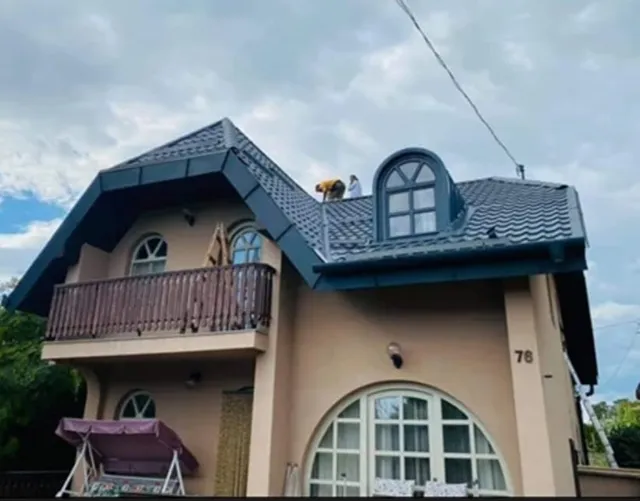 Casă elegantă cu acoperiș din țiglă metalică antracit și mansardă